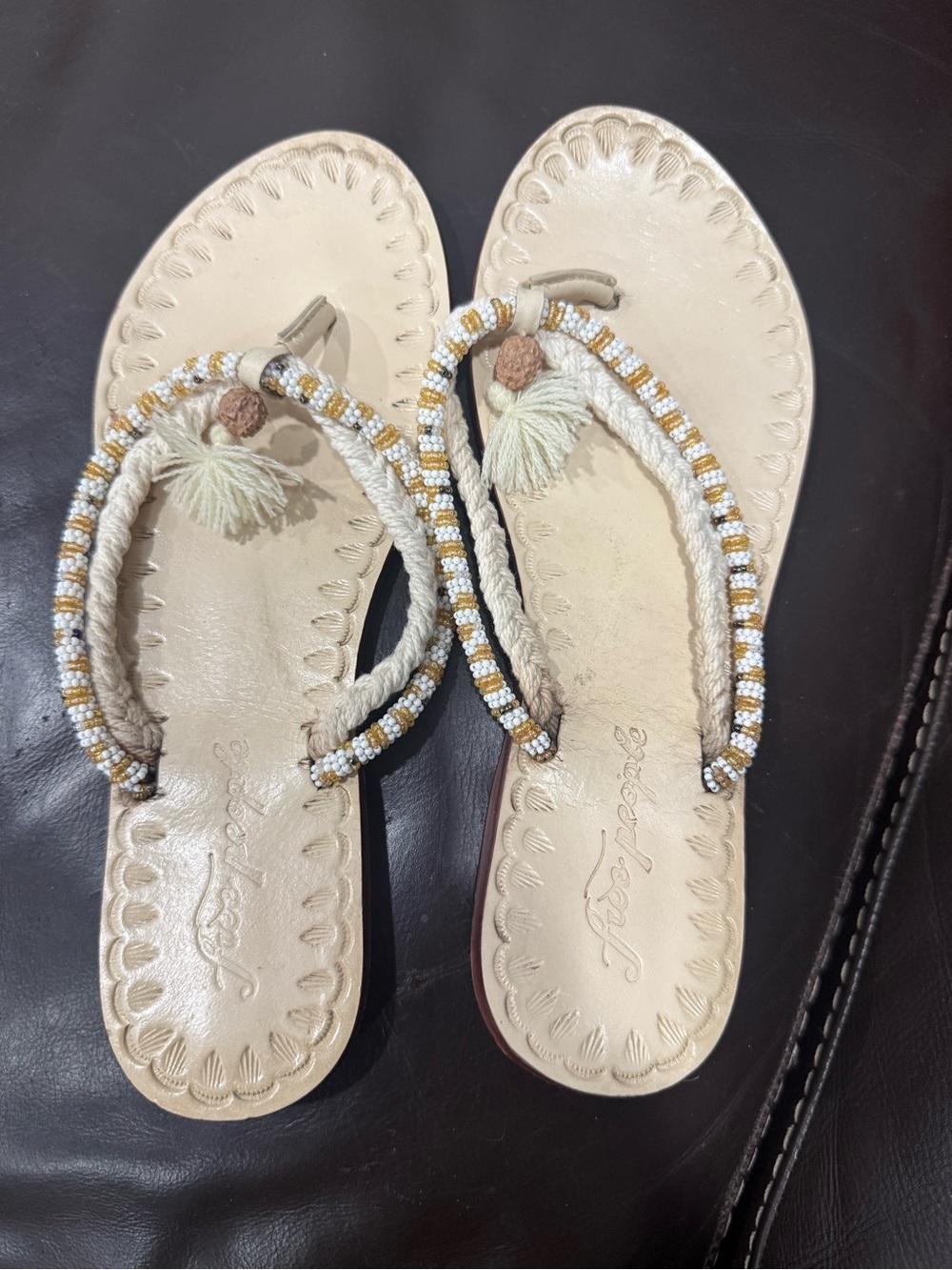 Free People Cream Beaded Tassel Toe-Post Sandals